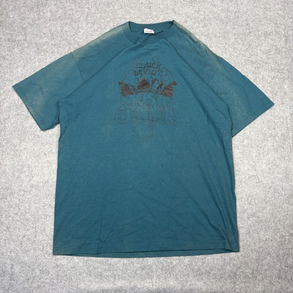 Vintage Jerzees‎ Chuck Levins Music Center T Shirt Teal Green Made in USA Large